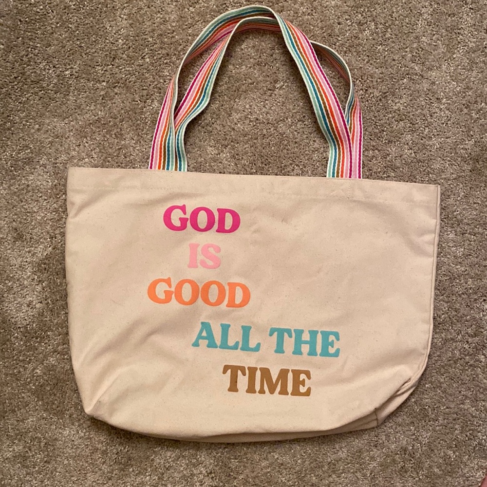 “God is good all the time” large tote bag